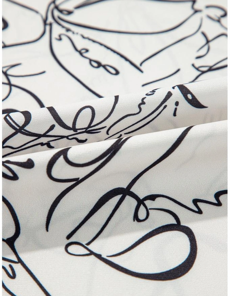 Beige Abstract Print Balloon Sleeve Crew Neck Blouse