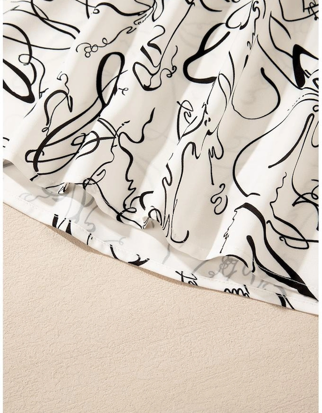 Beige Abstract Print Balloon Sleeve Crew Neck Blouse