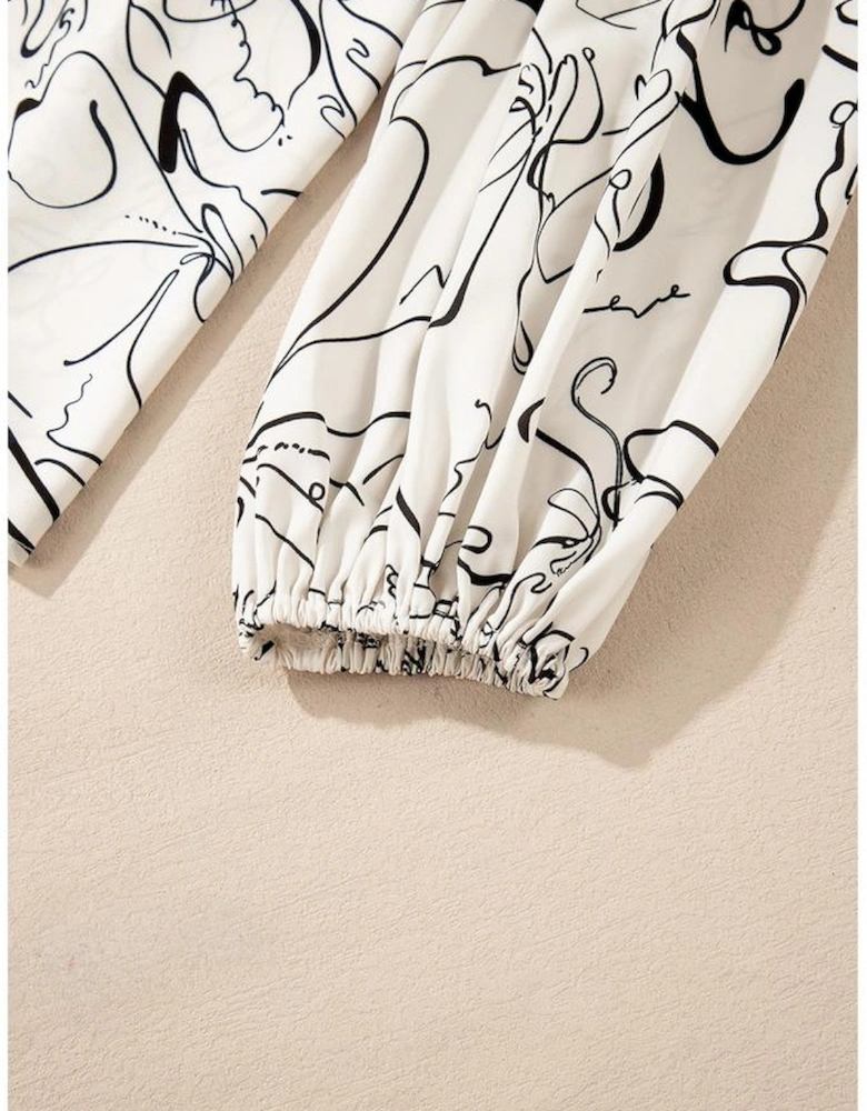 Beige Abstract Print Balloon Sleeve Crew Neck Blouse