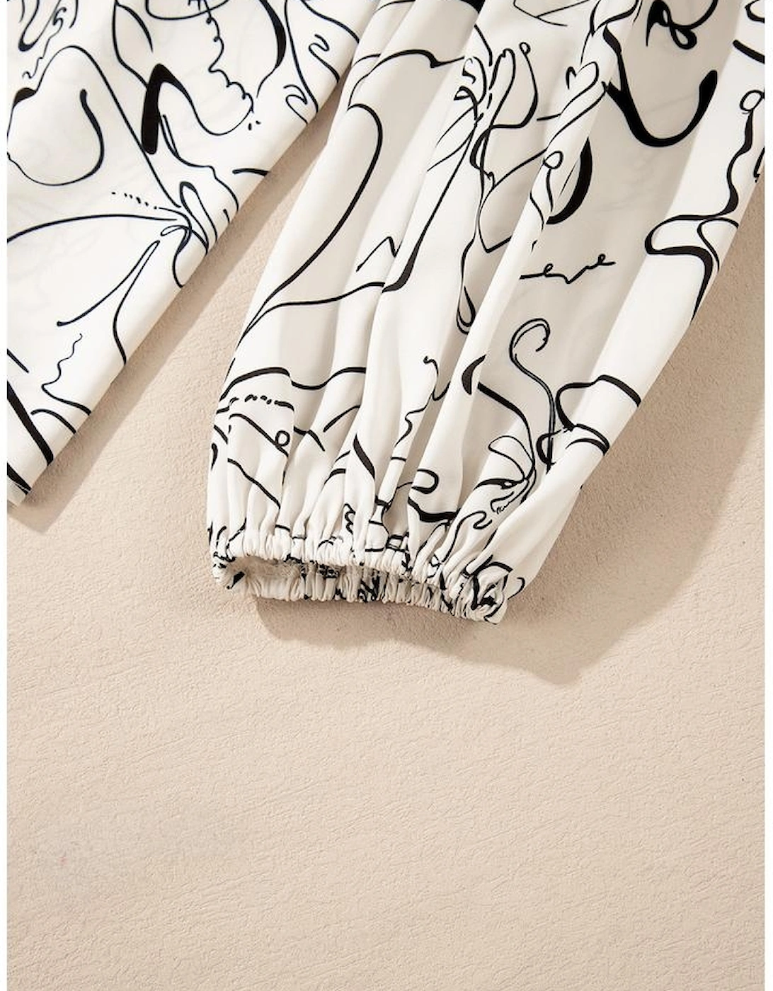 Beige Abstract Print Balloon Sleeve Crew Neck Blouse