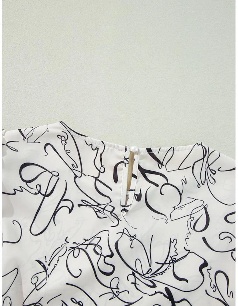 Beige Abstract Print Balloon Sleeve Crew Neck Blouse