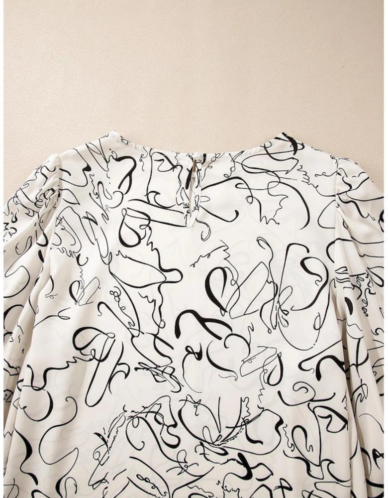 Beige Abstract Print Balloon Sleeve Crew Neck Blouse