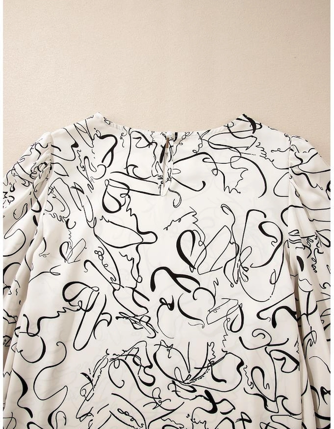 Beige Abstract Print Balloon Sleeve Crew Neck Blouse