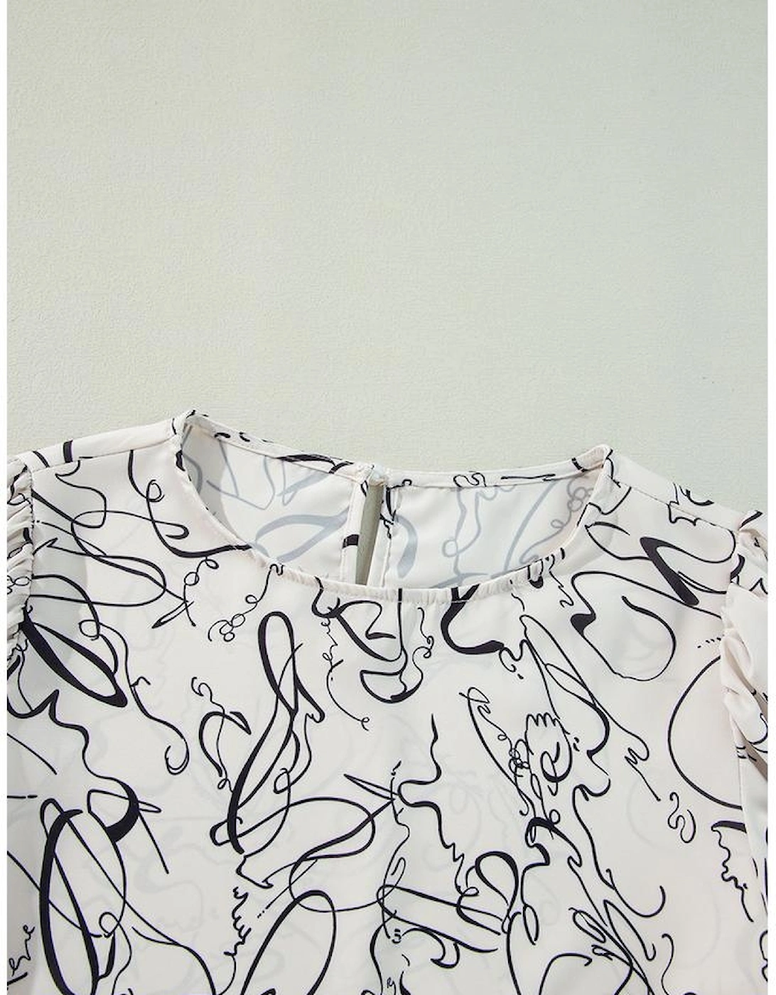 Beige Abstract Print Balloon Sleeve Crew Neck Blouse