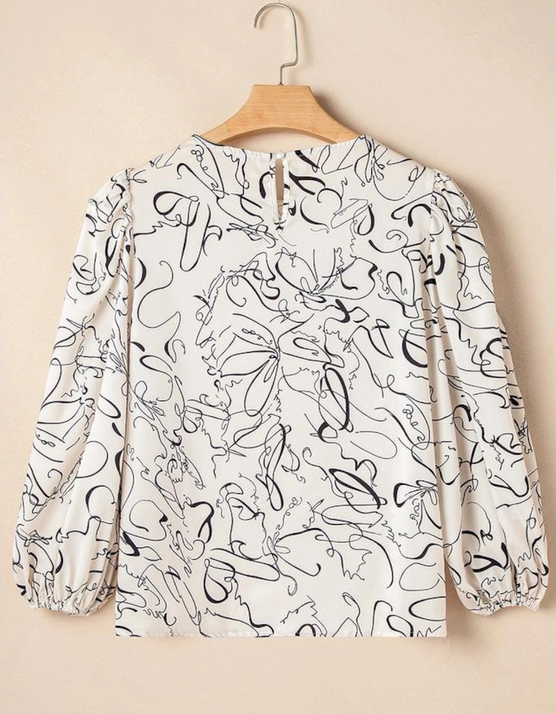 Beige Abstract Print Balloon Sleeve Crew Neck Blouse