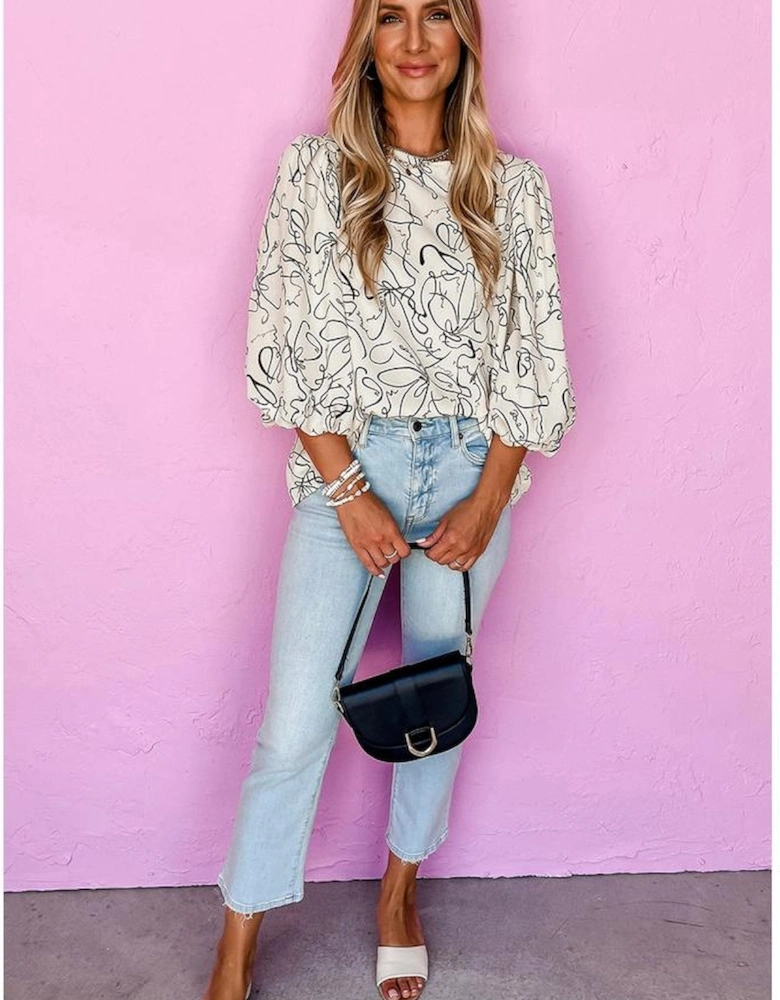 Beige Abstract Print Balloon Sleeve Crew Neck Blouse