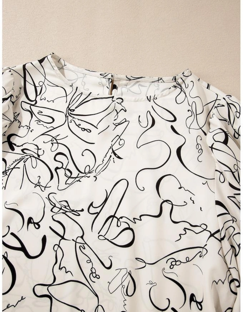 Beige Abstract Print Balloon Sleeve Crew Neck Blouse