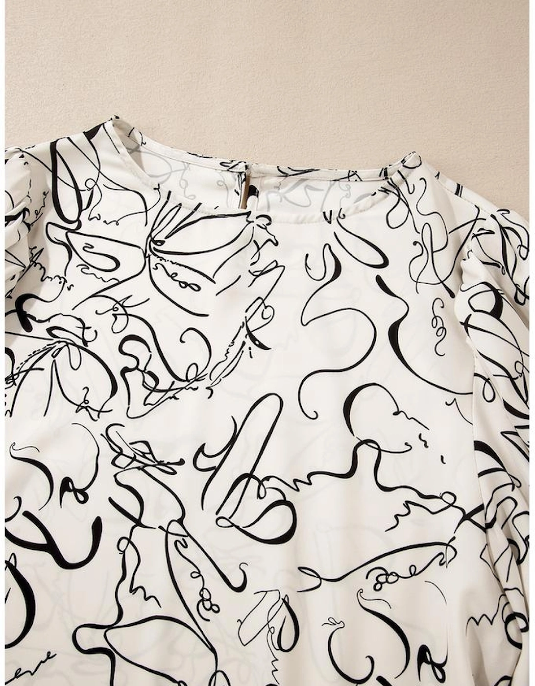 Beige Abstract Print Balloon Sleeve Crew Neck Blouse