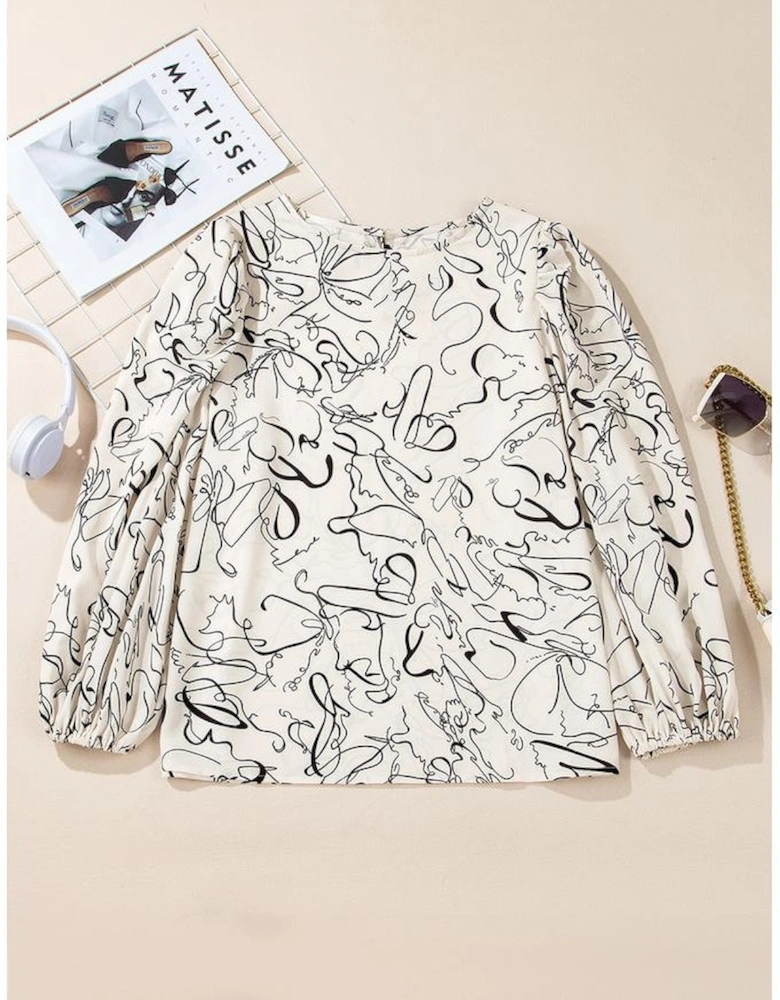 Beige Abstract Print Balloon Sleeve Crew Neck Blouse
