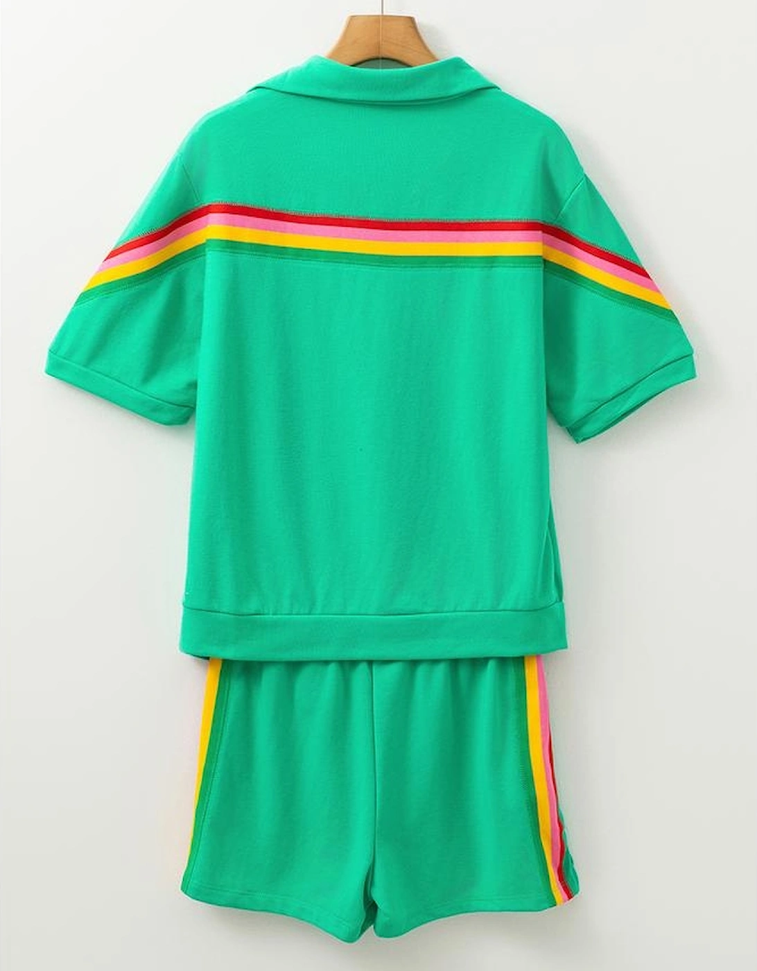Sea Green Rainbow Colorblock Collared Short Sleeve Top 2 Piece Shorts Set