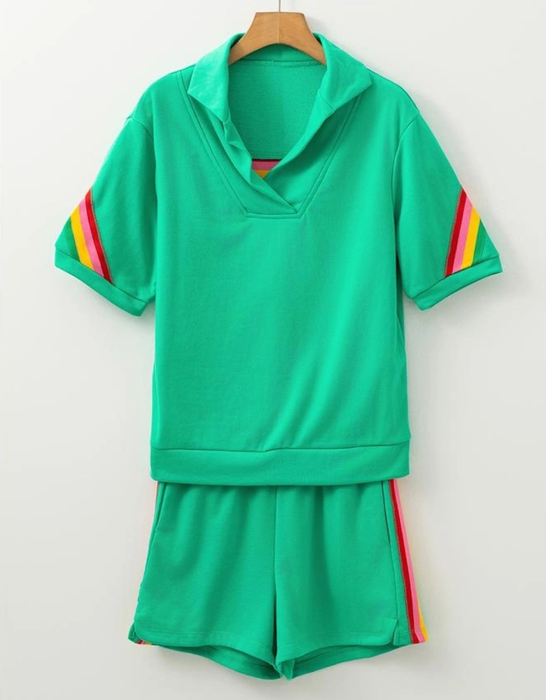 Sea Green Rainbow Colorblock Collared Short Sleeve Top 2 Piece Shorts Set