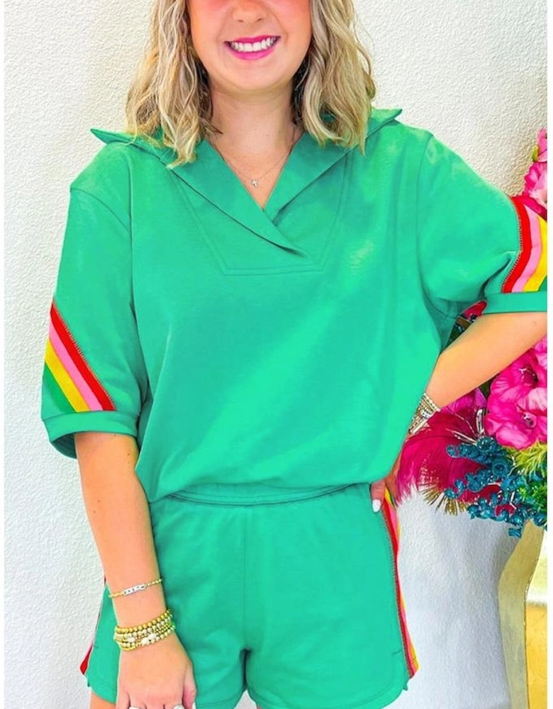 Sea Green Rainbow Colorblock Collared Short Sleeve Top 2 Piece Shorts Set