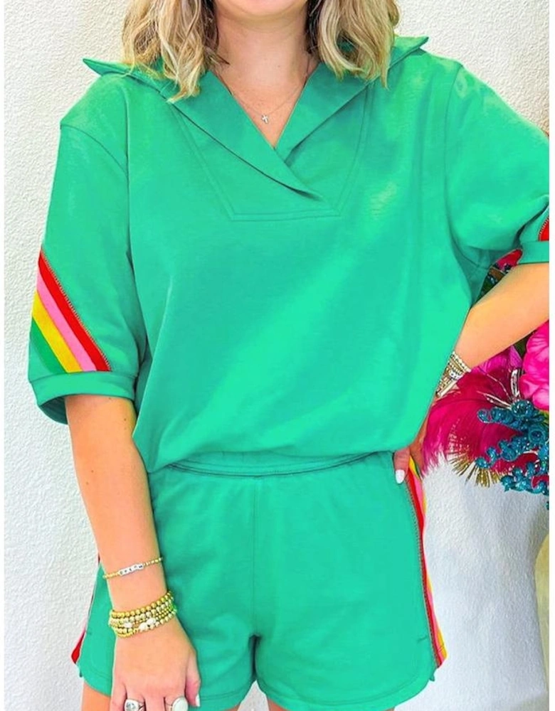 Sea Green Rainbow Colorblock Collared Short Sleeve Top 2 Piece Shorts Set