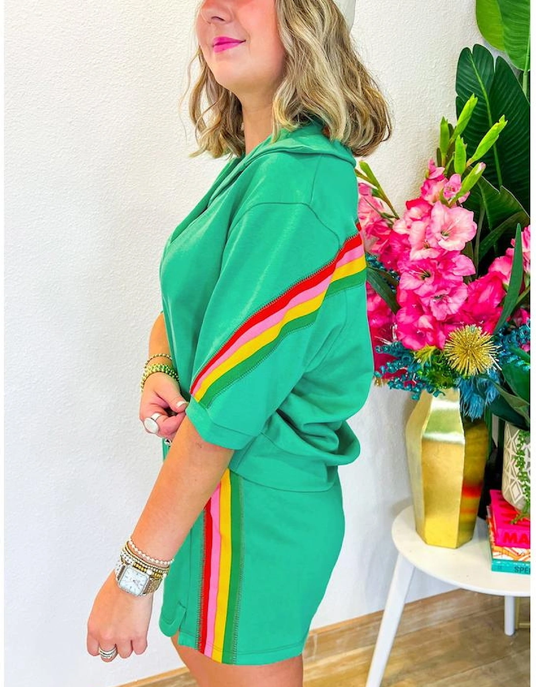 Sea Green Rainbow Colorblock Collared Short Sleeve Top 2 Piece Shorts Set