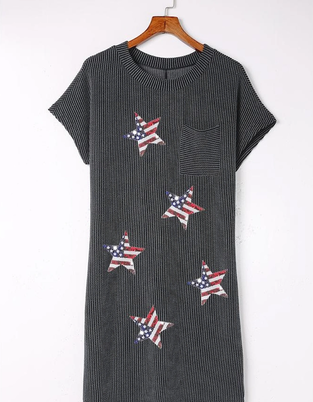 Gray Sequin Flag Stars Ribbed Shift T-shirt Dress