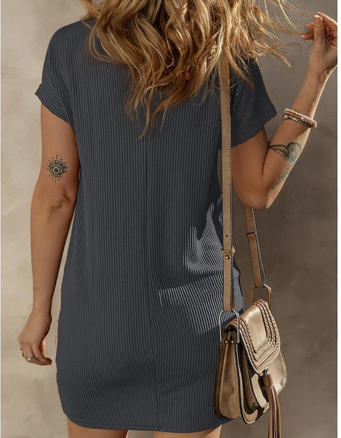 Gray Sequin Flag Stars Ribbed Shift T-shirt Dress