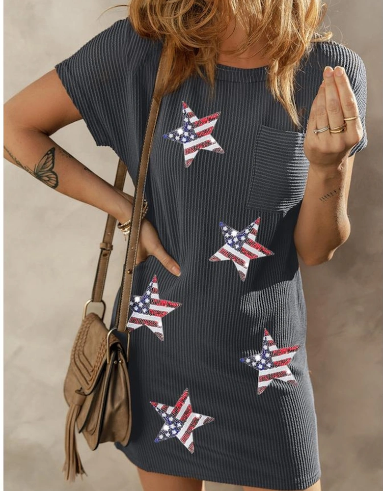 Gray Sequin Flag Stars Ribbed Shift T-shirt Dress