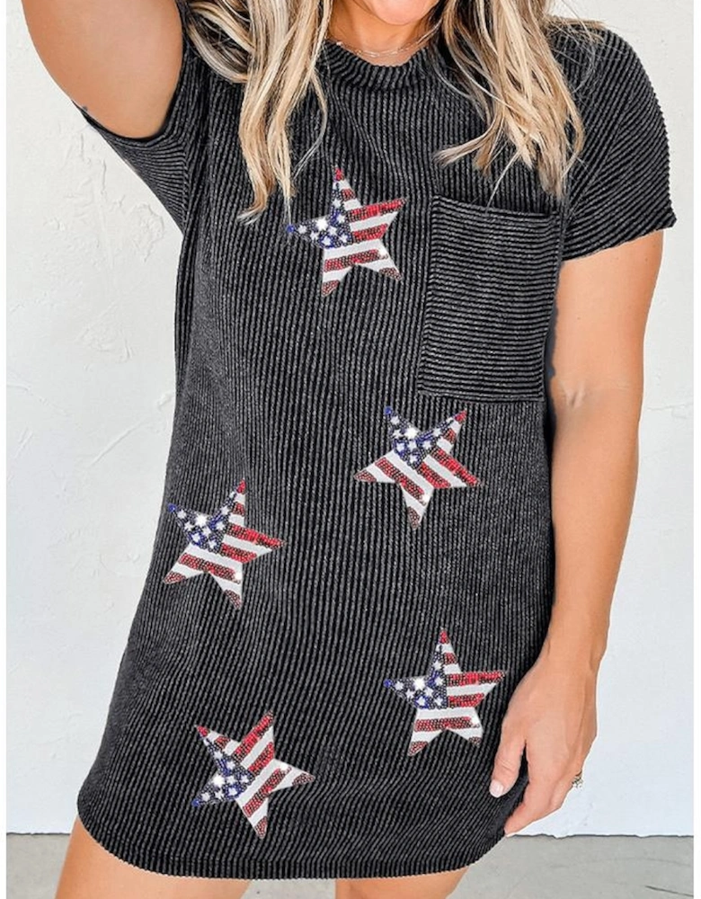 Gray Sequin Flag Stars Ribbed Shift T-shirt Dress