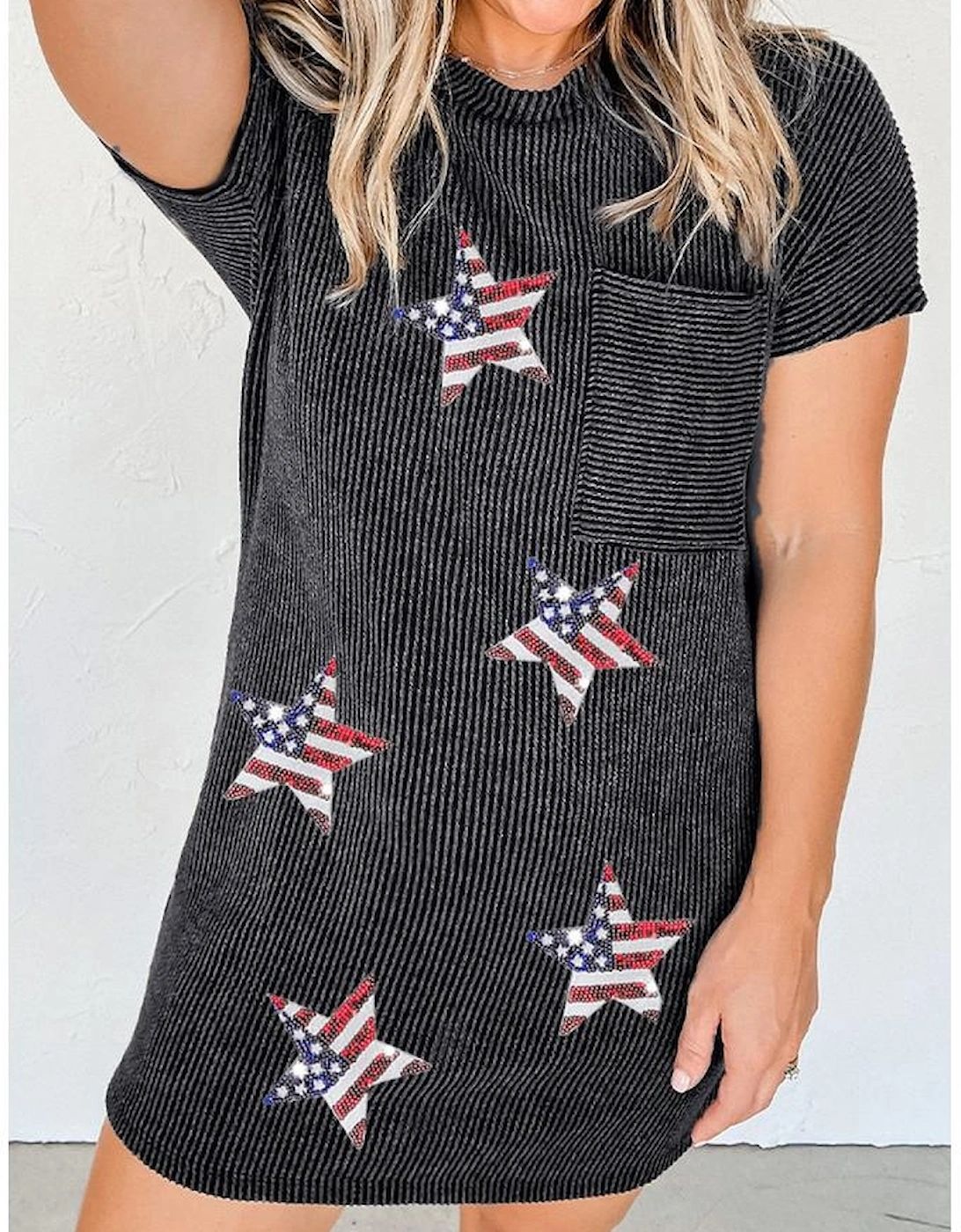 Gray Sequin Flag Stars Ribbed Shift T-shirt Dress, 7 of 6