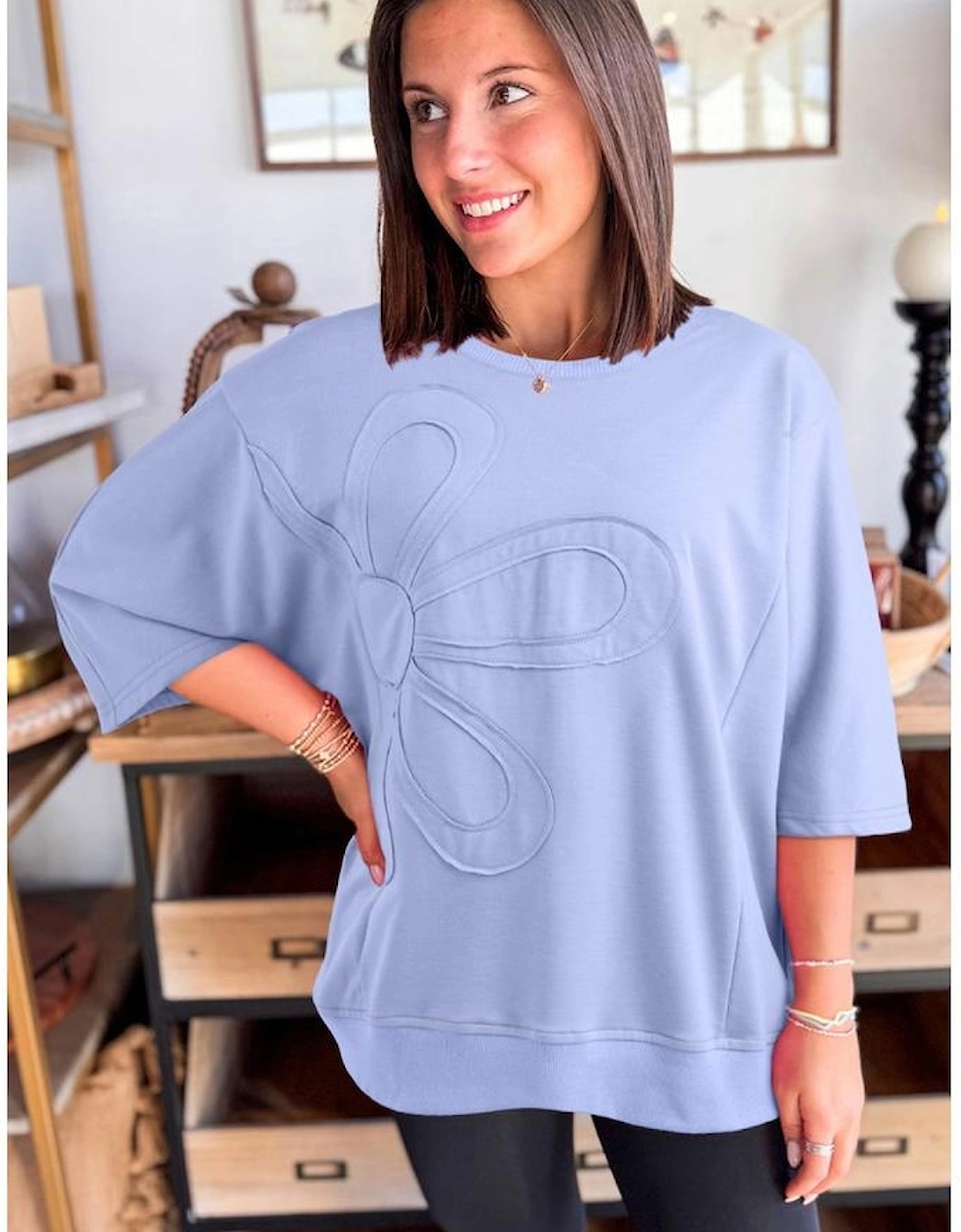 Beau Blue Floral Patched Half Sleeve Tunic Top