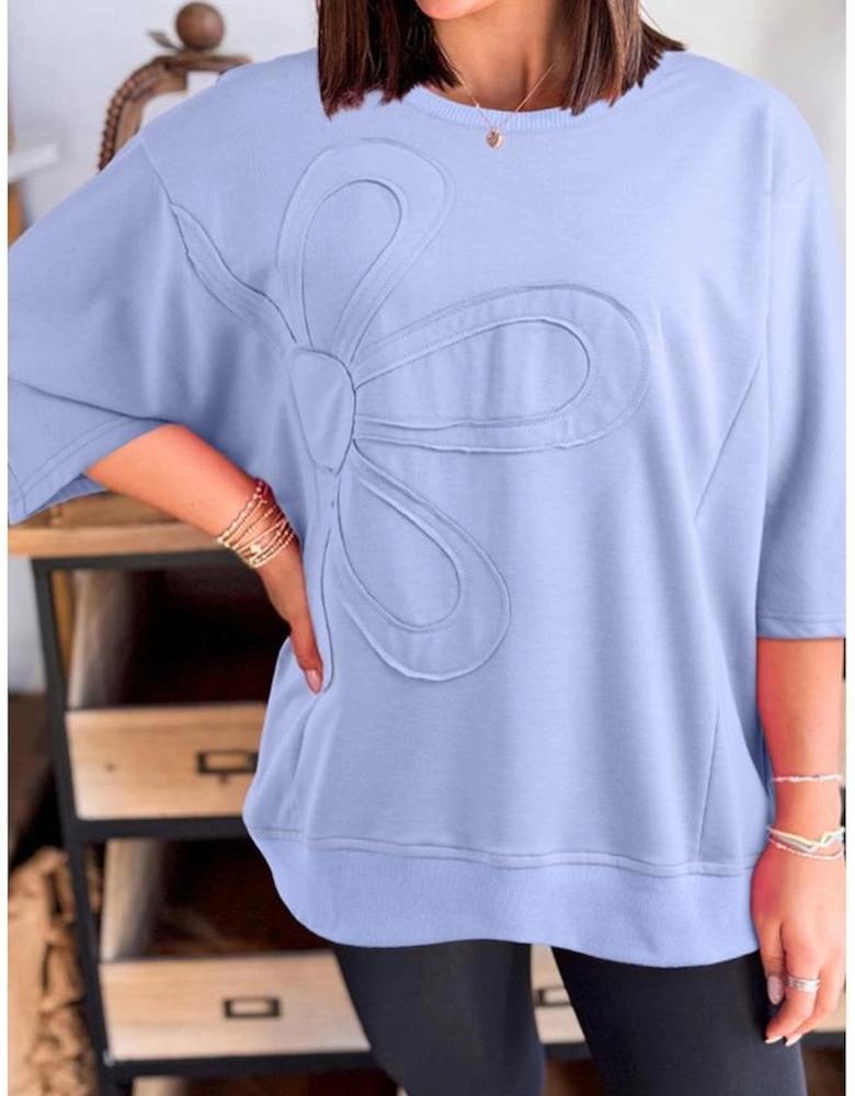 Beau Blue Floral Patched Half Sleeve Tunic Top