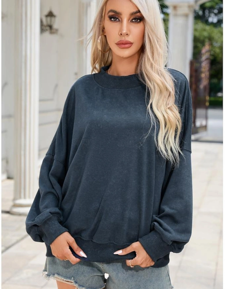 Sky Blue Drop Shoulder Crew Neck Pullover Sweatshirt