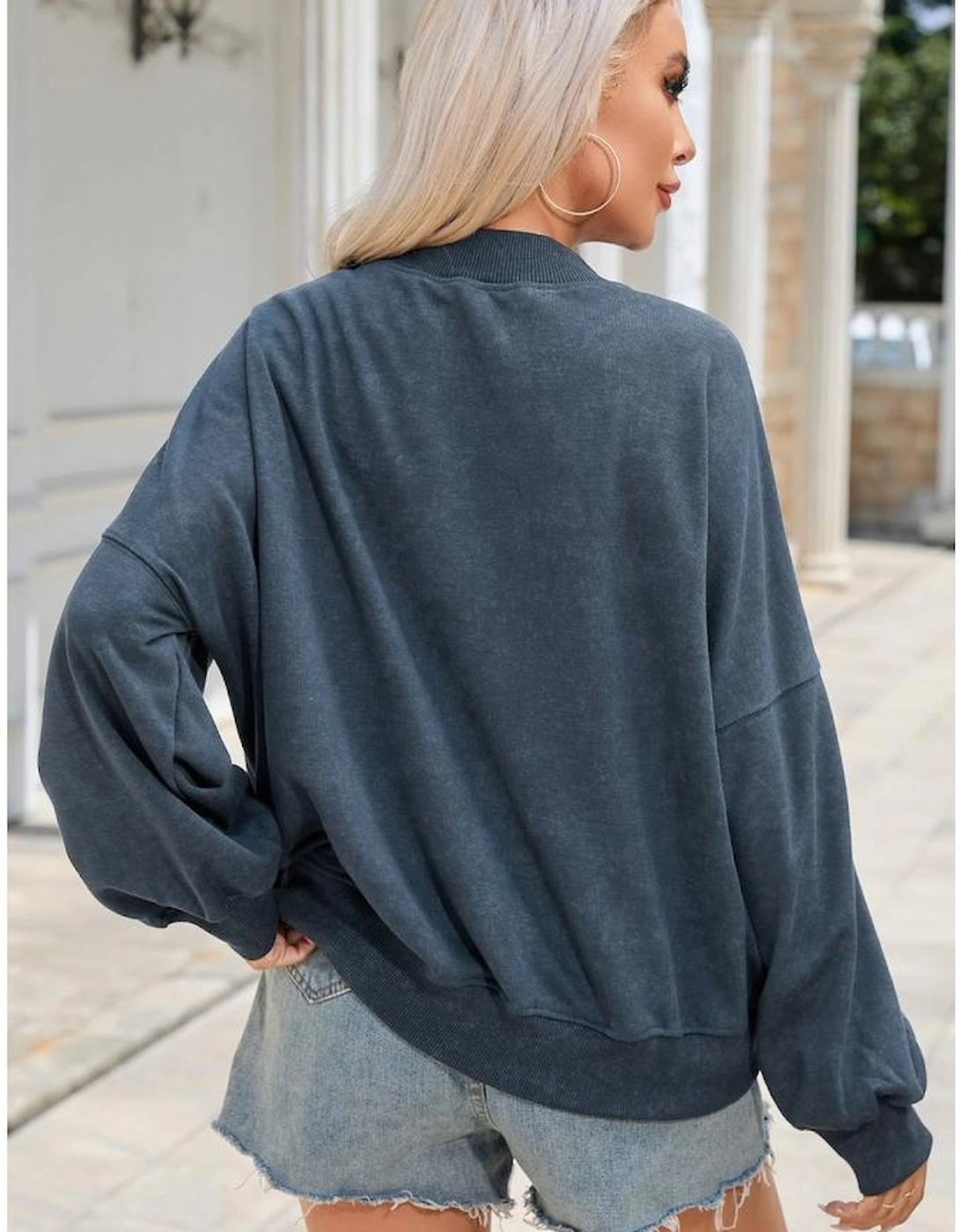 Sky Blue Drop Shoulder Crew Neck Pullover Sweatshirt