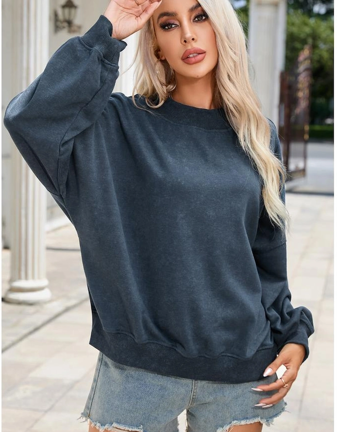 Sky Blue Drop Shoulder Crew Neck Pullover Sweatshirt