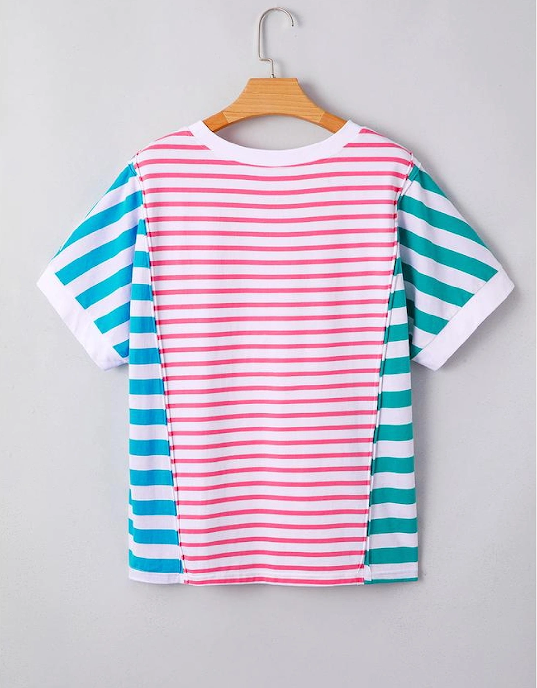 Pink Stripe Mixed Pattern Patchwork Uneven Hem Loose Tee