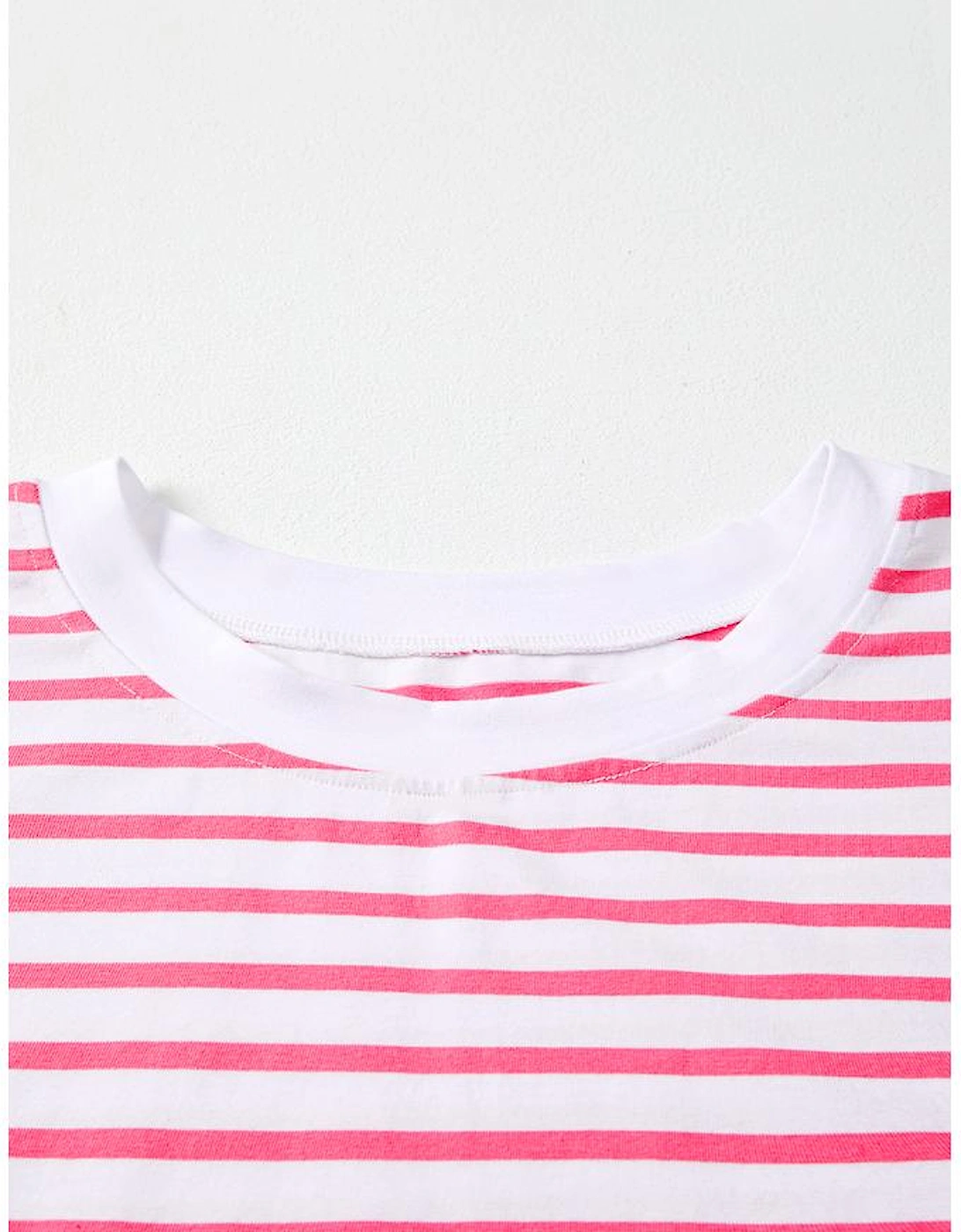 Pink Stripe Mixed Pattern Patchwork Uneven Hem Loose Tee