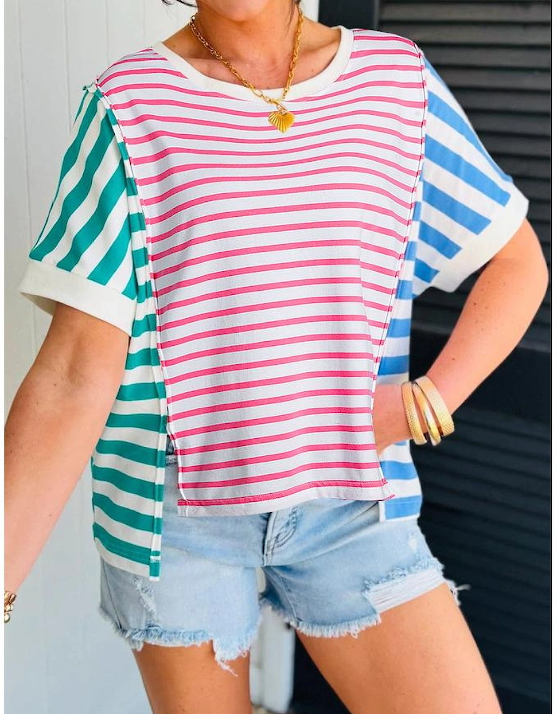Pink Stripe Mixed Pattern Patchwork Uneven Hem Loose Tee
