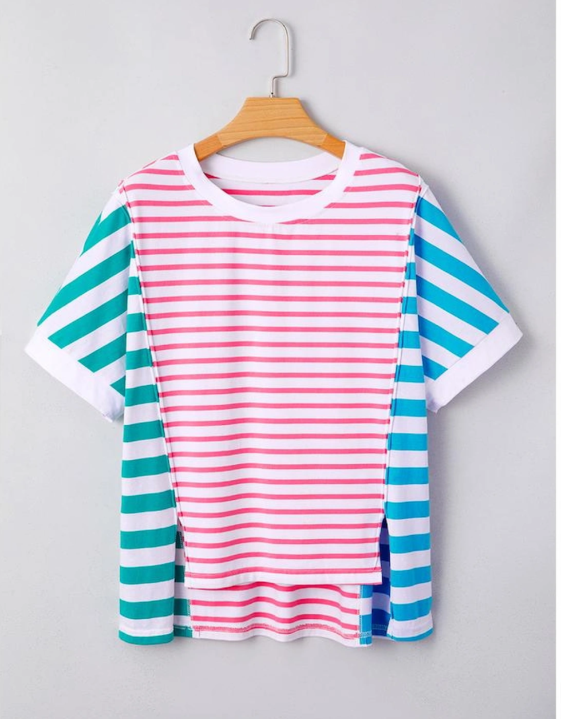 Pink Stripe Mixed Pattern Patchwork Uneven Hem Loose Tee