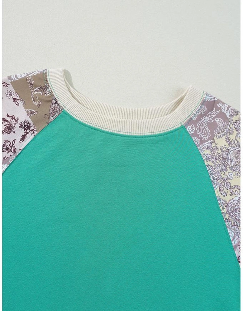 Aruba Blue Plaid Vintage Paisley Patchwork Long Sleeve Raglan Top