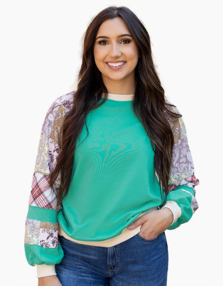 Aruba Blue Plaid Vintage Paisley Patchwork Long Sleeve Raglan Top