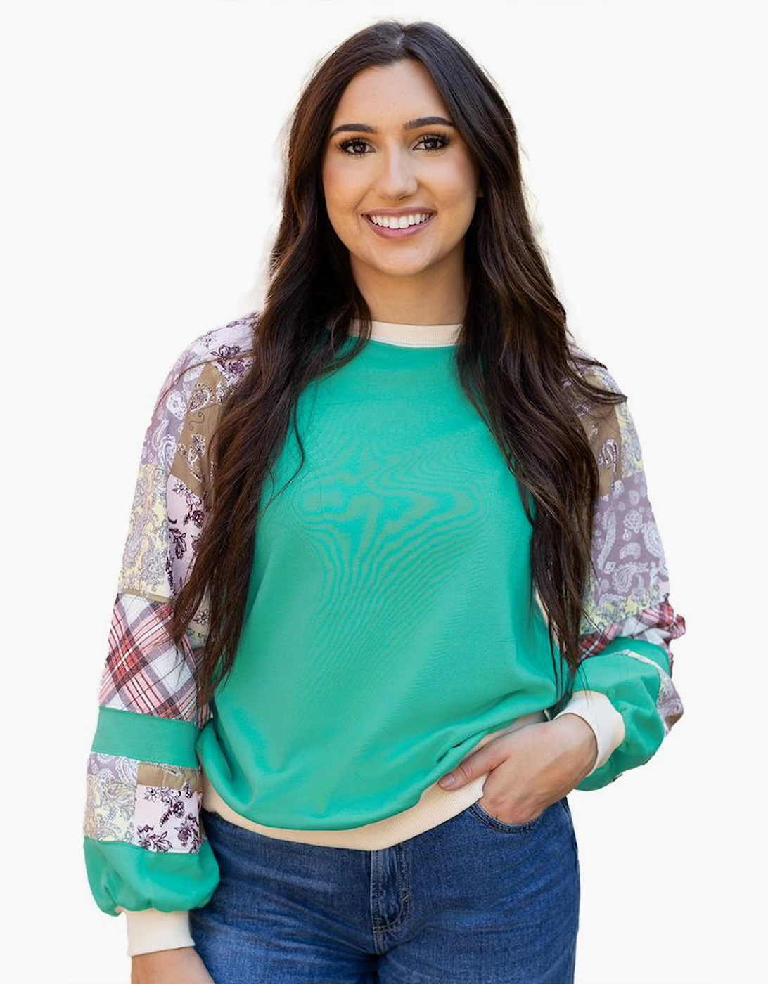 Aruba Blue Plaid Vintage Paisley Patchwork Long Sleeve Raglan Top