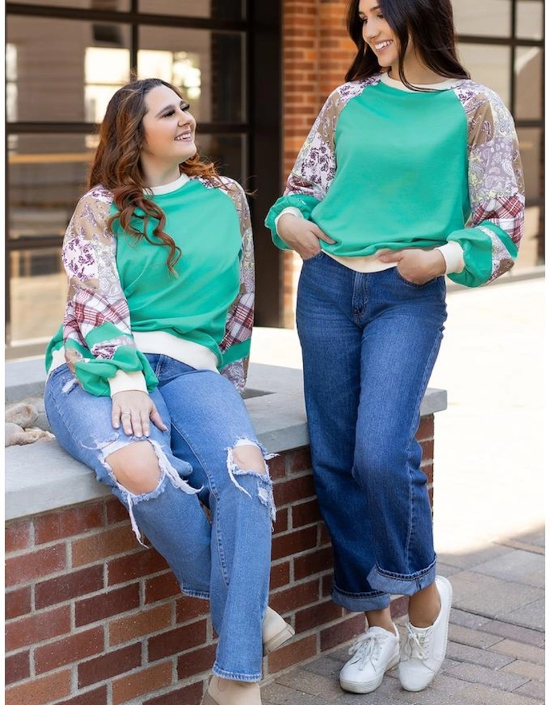 Aruba Blue Plaid Vintage Paisley Patchwork Long Sleeve Raglan Top