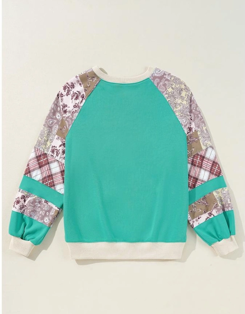 Aruba Blue Plaid Vintage Paisley Patchwork Long Sleeve Raglan Top