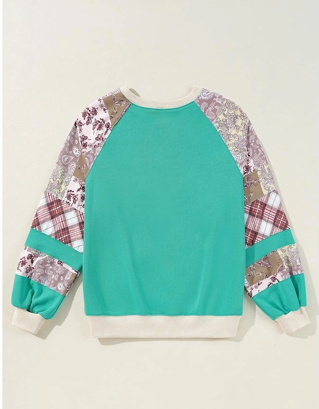 Aruba Blue Plaid Vintage Paisley Patchwork Long Sleeve Raglan Top