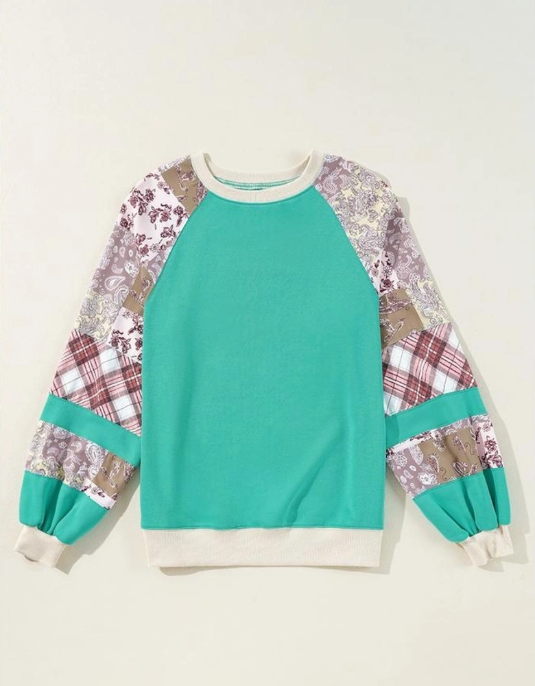 Aruba Blue Plaid Vintage Paisley Patchwork Long Sleeve Raglan Top