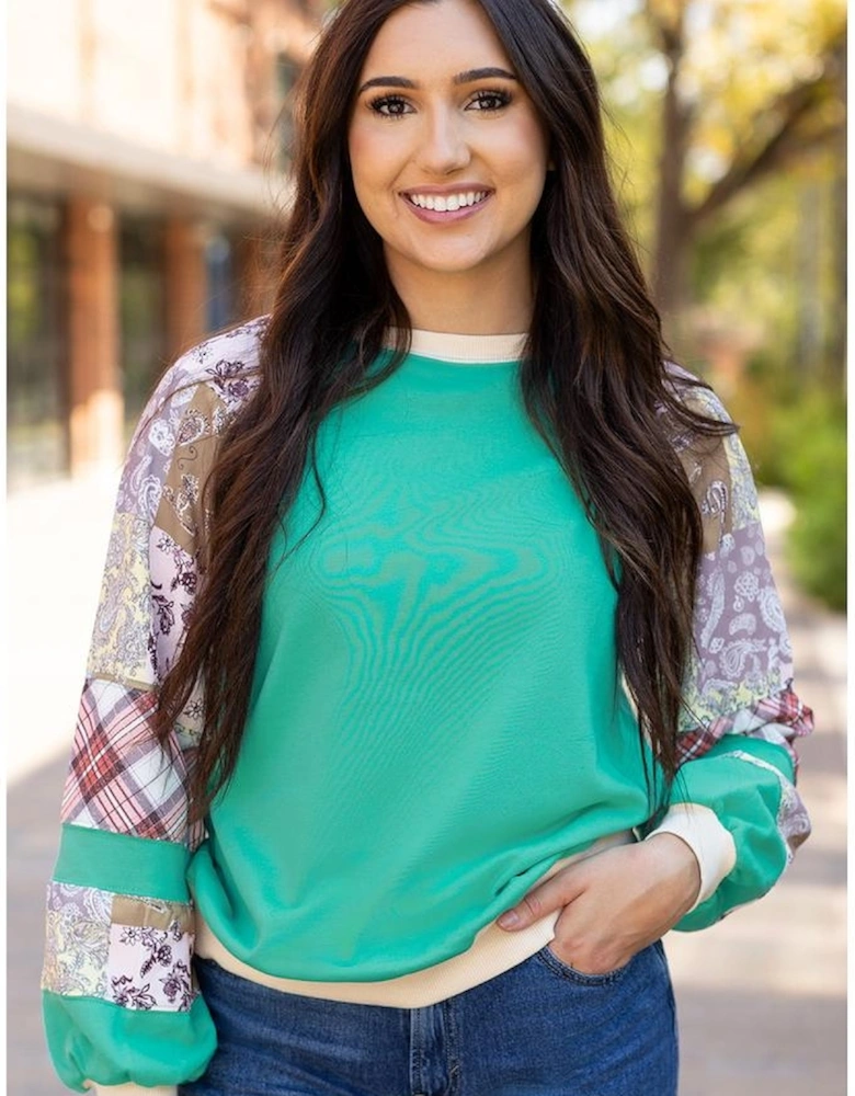 Aruba Blue Plaid Vintage Paisley Patchwork Long Sleeve Raglan Top