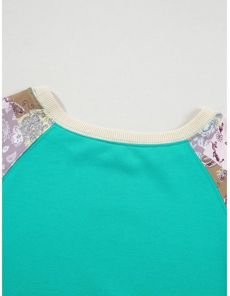 Aruba Blue Plaid Vintage Paisley Patchwork Long Sleeve Raglan Top