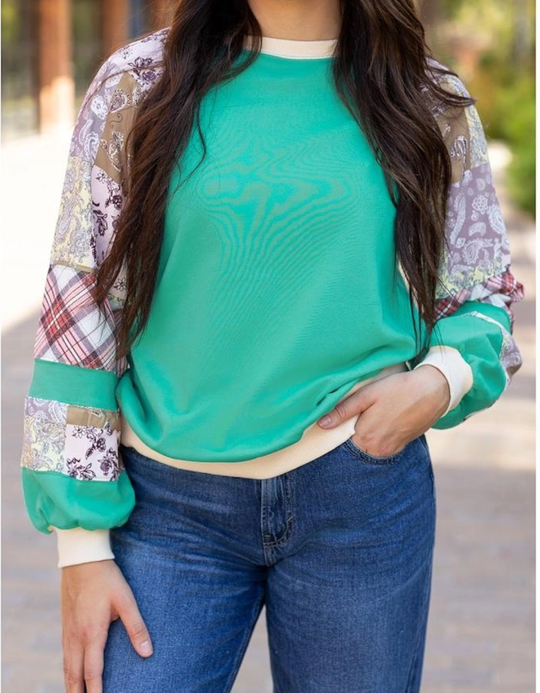 Aruba Blue Plaid Vintage Paisley Patchwork Long Sleeve Raglan Top