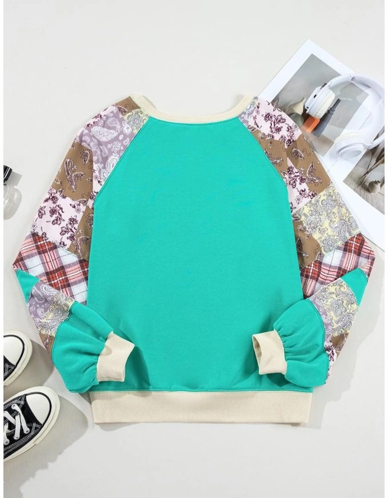 Aruba Blue Plaid Vintage Paisley Patchwork Long Sleeve Raglan Top