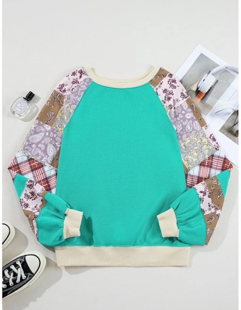 Aruba Blue Plaid Vintage Paisley Patchwork Long Sleeve Raglan Top