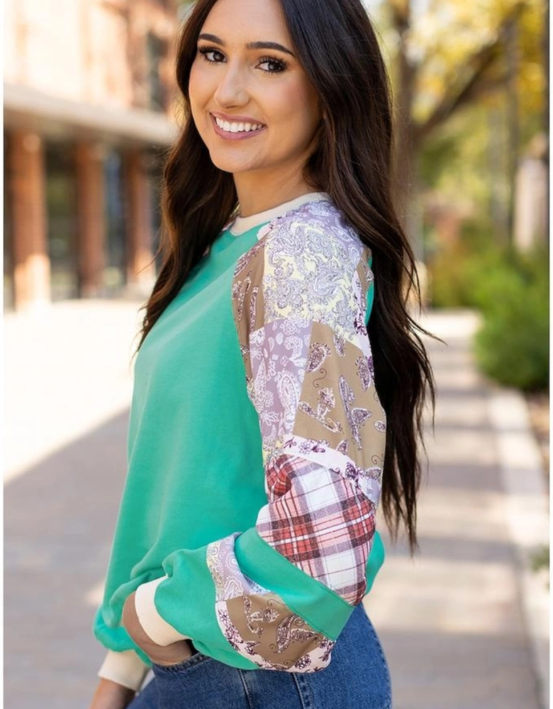 Aruba Blue Plaid Vintage Paisley Patchwork Long Sleeve Raglan Top