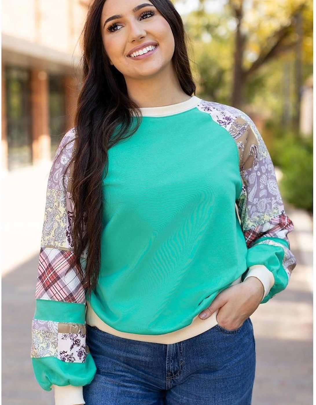 Aruba Blue Plaid Vintage Paisley Patchwork Long Sleeve Raglan Top