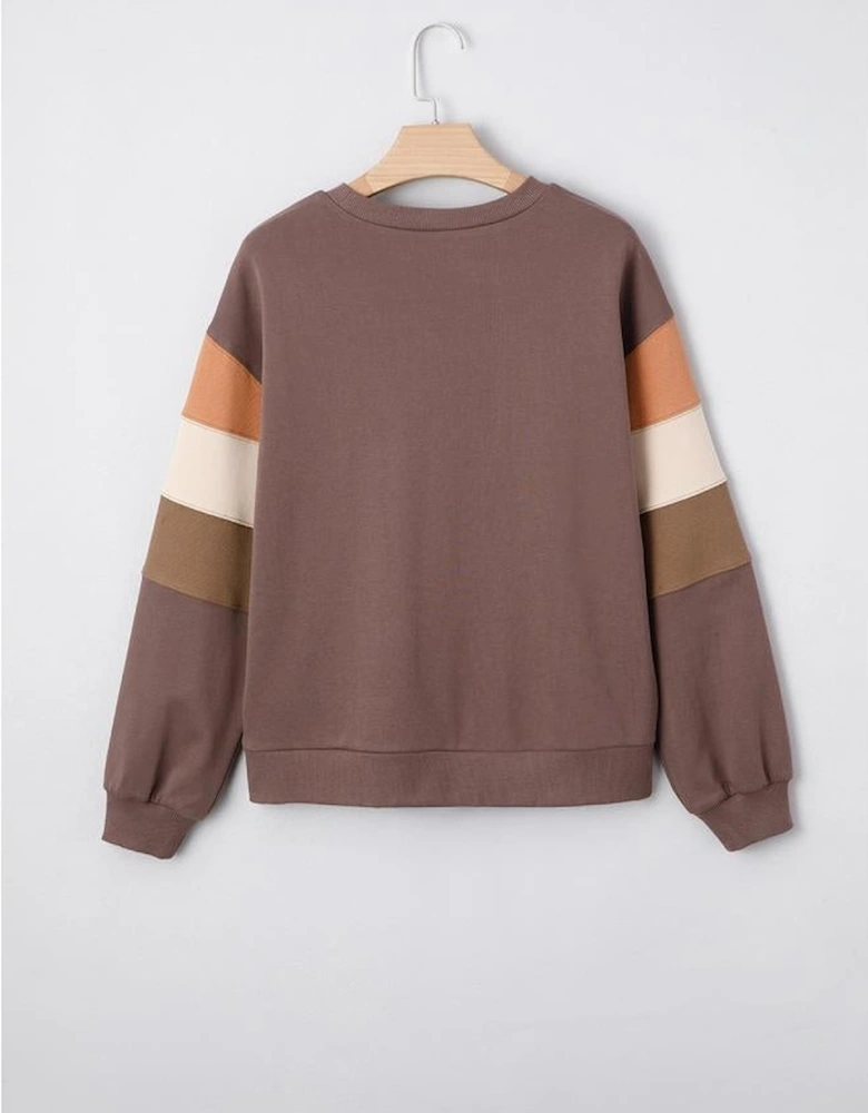 Dark Khaki Color Block Drop Shoulder Pullover Casual Sweatshirt