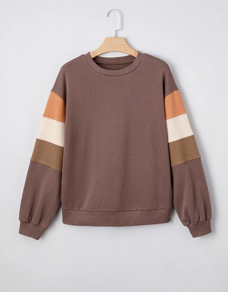 Dark Khaki Color Block Drop Shoulder Pullover Casual Sweatshirt