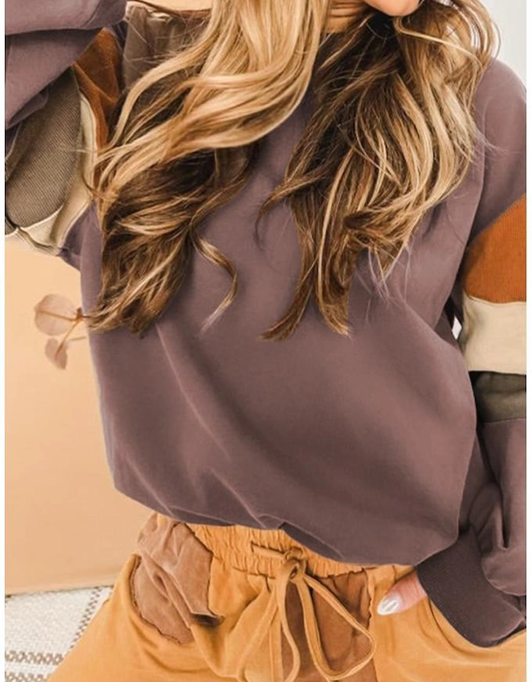 Dark Khaki Color Block Drop Shoulder Pullover Casual Sweatshirt