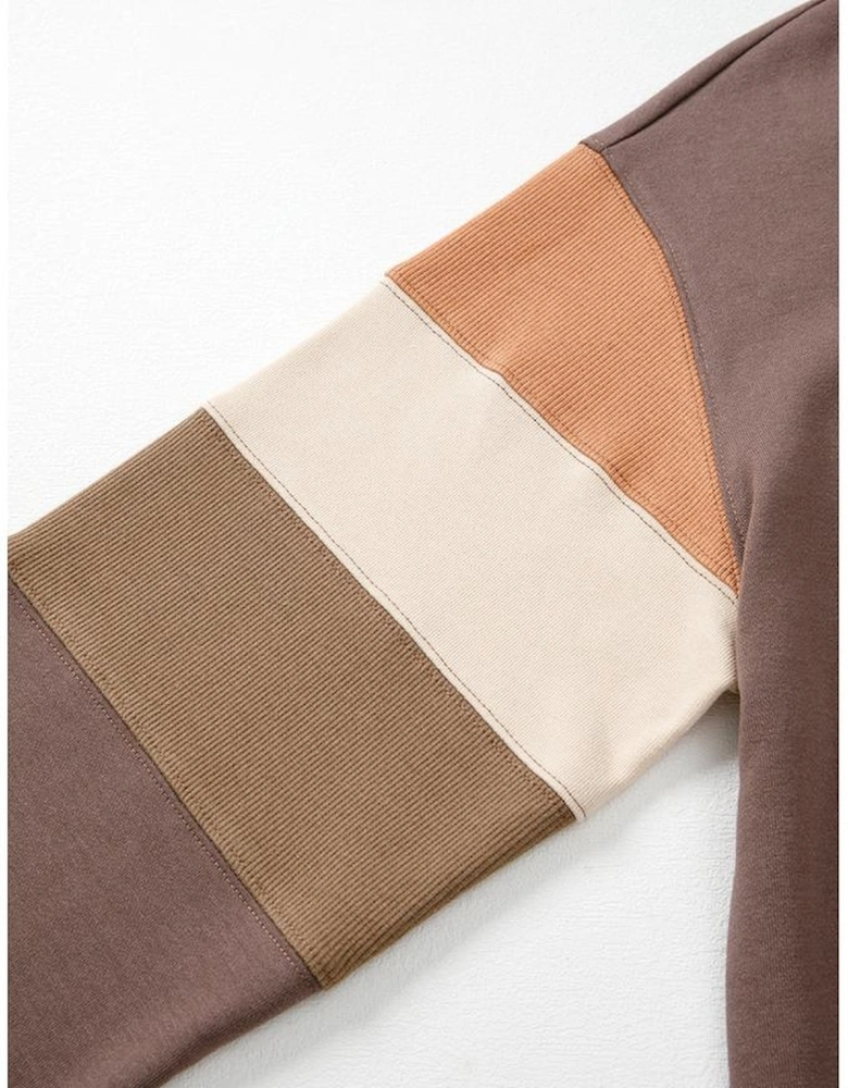 Dark Khaki Color Block Drop Shoulder Pullover Casual Sweatshirt